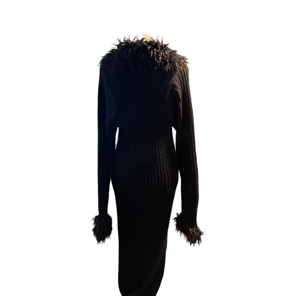 Torrid Black Faux Fur Trim Ribbed Maxi Cardigan, Vintage Y2K Goth Glam, Plus 2X - Picture 2 of 8